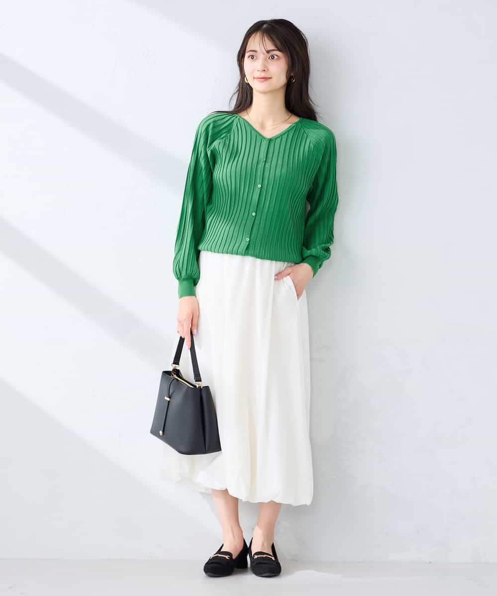 K2CFD06054 a.v.v(アー・ヴェ・ヴェ) プリーツ編みVネックニットカーディガン グリーン