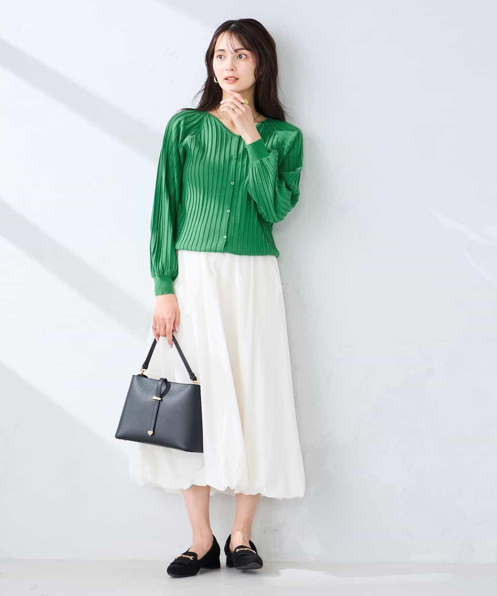 K2CFD06054 a.v.v(アー・ヴェ・ヴェ) プリーツ編みVネックニットカーディガン グリーン