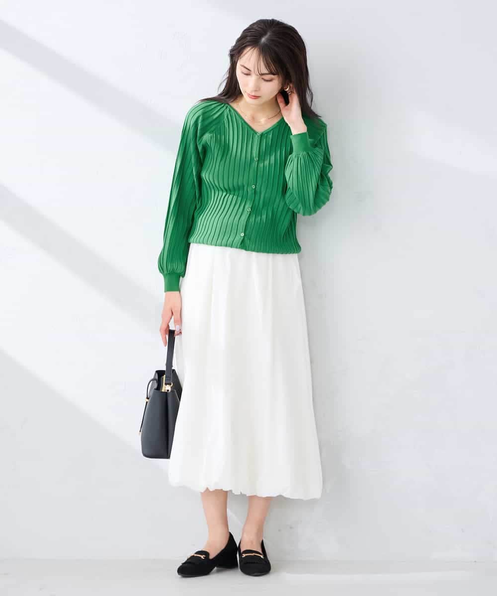 K2CFD06054 a.v.v(アー・ヴェ・ヴェ) プリーツ編みVネックニットカーディガン グリーン