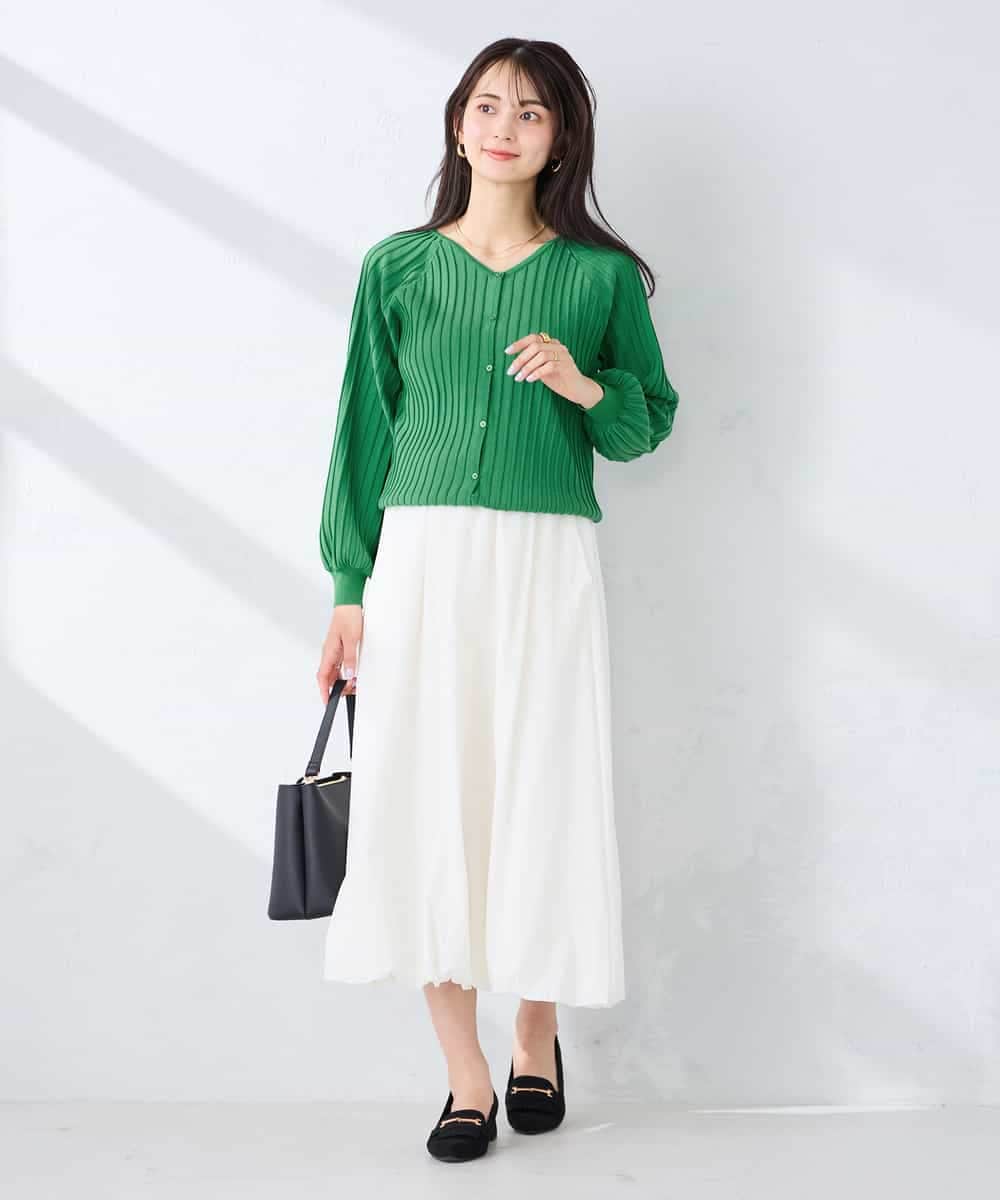 K2CFD06054 a.v.v(アー・ヴェ・ヴェ) プリーツ編みVネックニットカーディガン グリーン