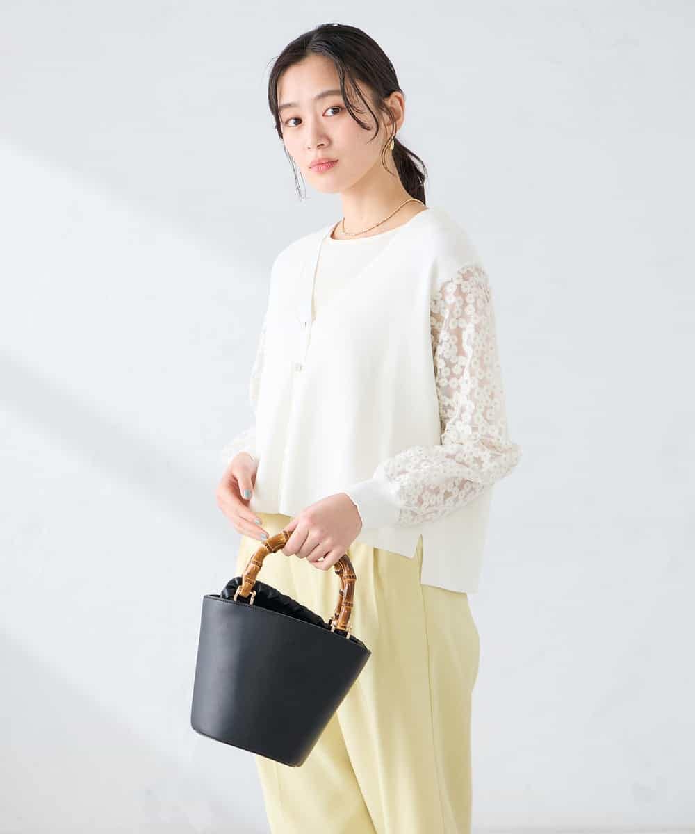 K2CFD09059 a.v.v(アー・ヴェ・ヴェ) チュールレース袖ニットカーディガン アイボリー