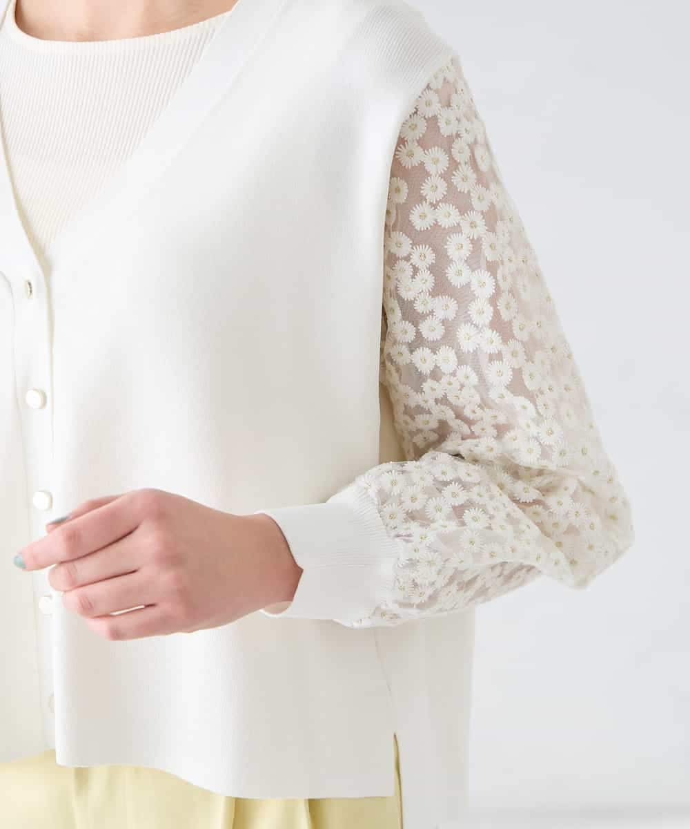 K2CFD09059 a.v.v(アー・ヴェ・ヴェ) チュールレース袖ニットカーディガン アイボリー