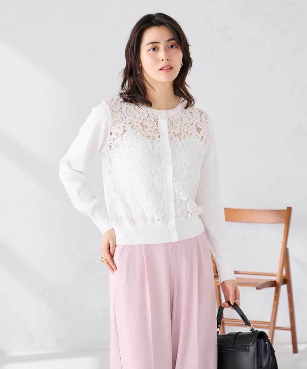 K2CGD11059 a.v.v(アー・ヴェ・ヴェ) レースコンビクルーネックカーディガン ホワイト