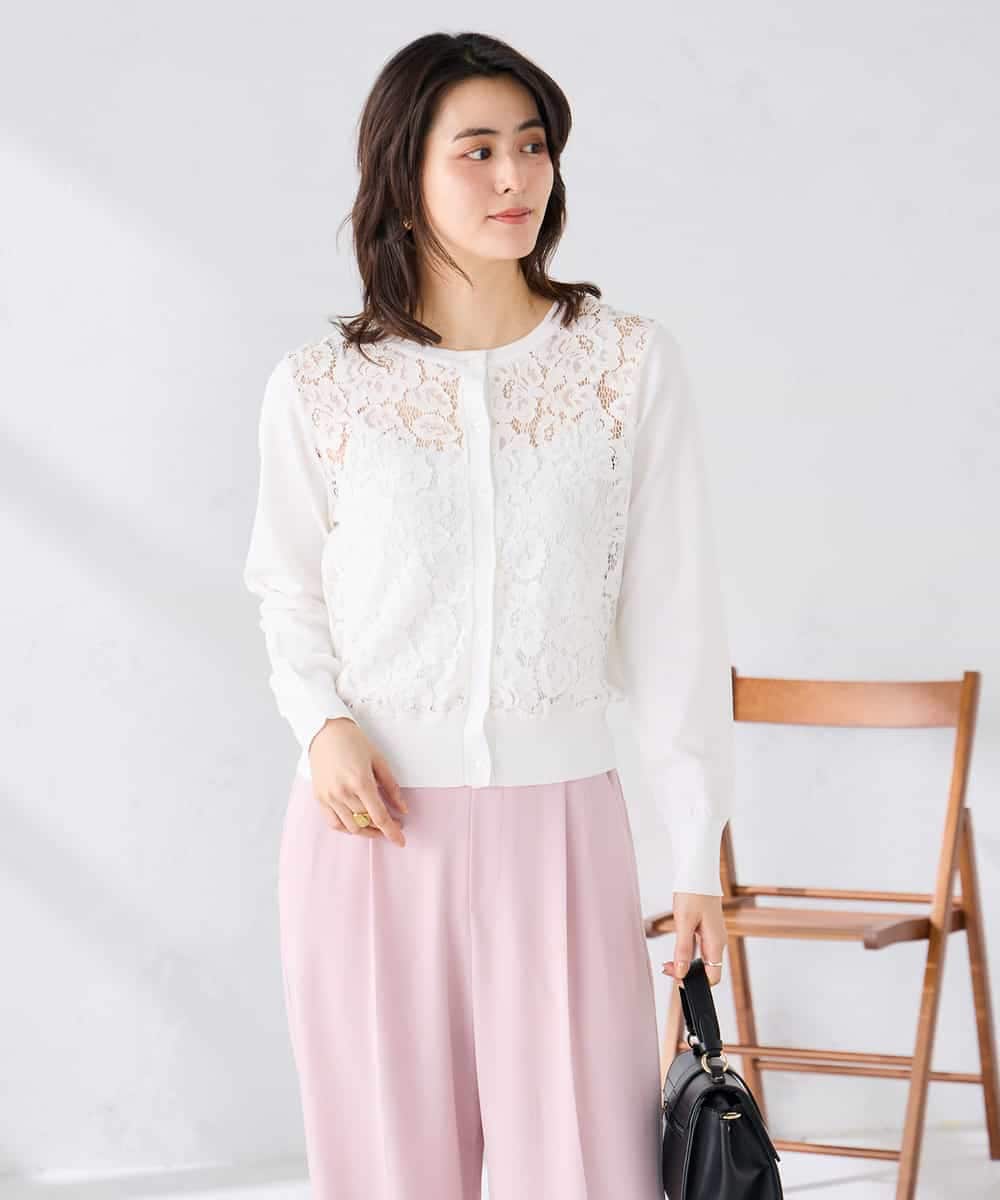 K2CGD11059 a.v.v(アー・ヴェ・ヴェ) レースコンビクルーネックカーディガン ホワイト