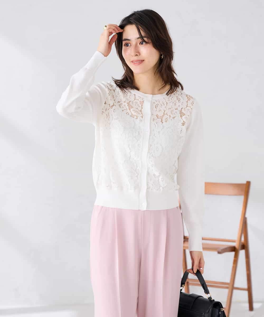 K2CGD11059 a.v.v(アー・ヴェ・ヴェ) レースコンビクルーネックカーディガン ホワイト