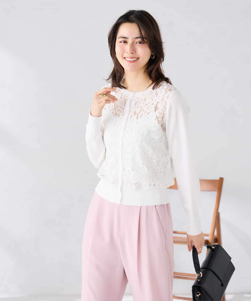 K2CGD11059 a.v.v(アー・ヴェ・ヴェ) レースコンビクルーネックカーディガン ホワイト