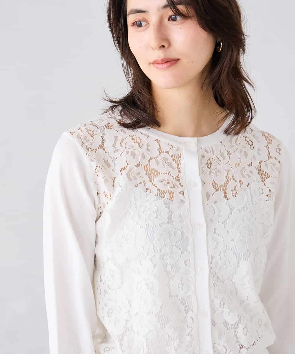 K2CGD11059 a.v.v(アー・ヴェ・ヴェ) レースコンビクルーネックカーディガン ホワイト