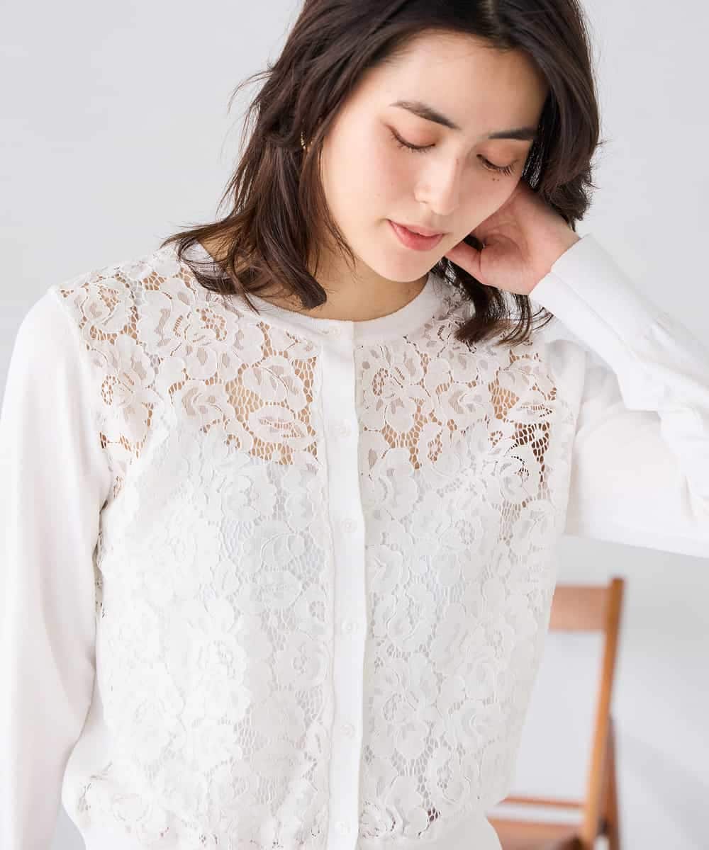 K2CGD11059 a.v.v(アー・ヴェ・ヴェ) レースコンビクルーネックカーディガン ホワイト