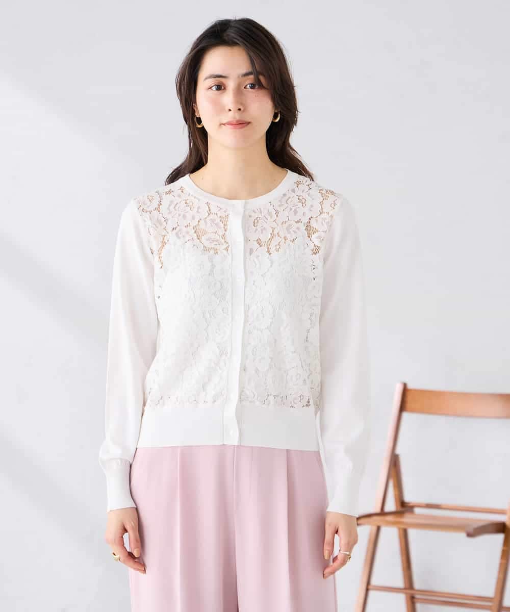 K2CGD11059 a.v.v(アー・ヴェ・ヴェ) レースコンビクルーネックカーディガン ホワイト