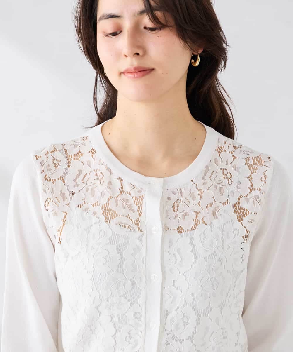 K2CGD11059 a.v.v(アー・ヴェ・ヴェ) レースコンビクルーネックカーディガン ホワイト