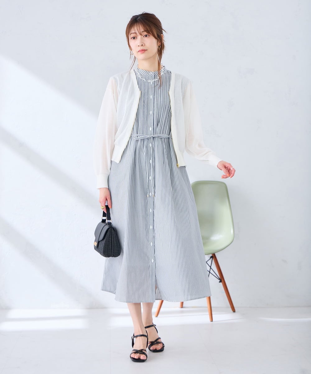 K2EGD13089 a.v.v(アー・ヴェ・ヴェ) フレアシャツワンピース ネイビーストライプ柄