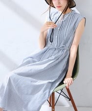 K2EGD13089 a.v.v(アー・ヴェ・ヴェ) フレアシャツワンピース ネイビーストライプ柄