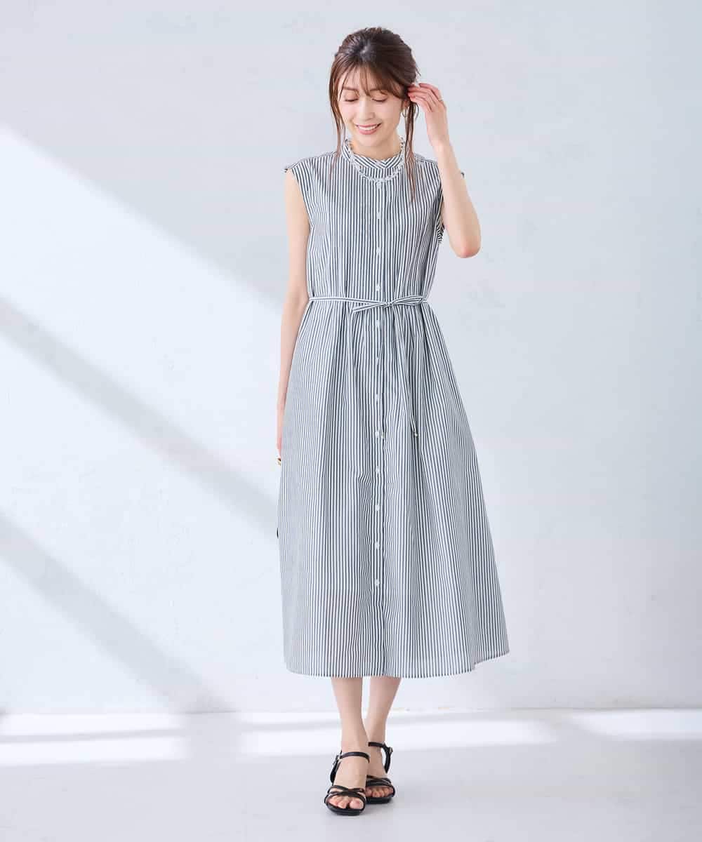 K2EGD13089 a.v.v(アー・ヴェ・ヴェ) フレアシャツワンピース ネイビーストライプ柄
