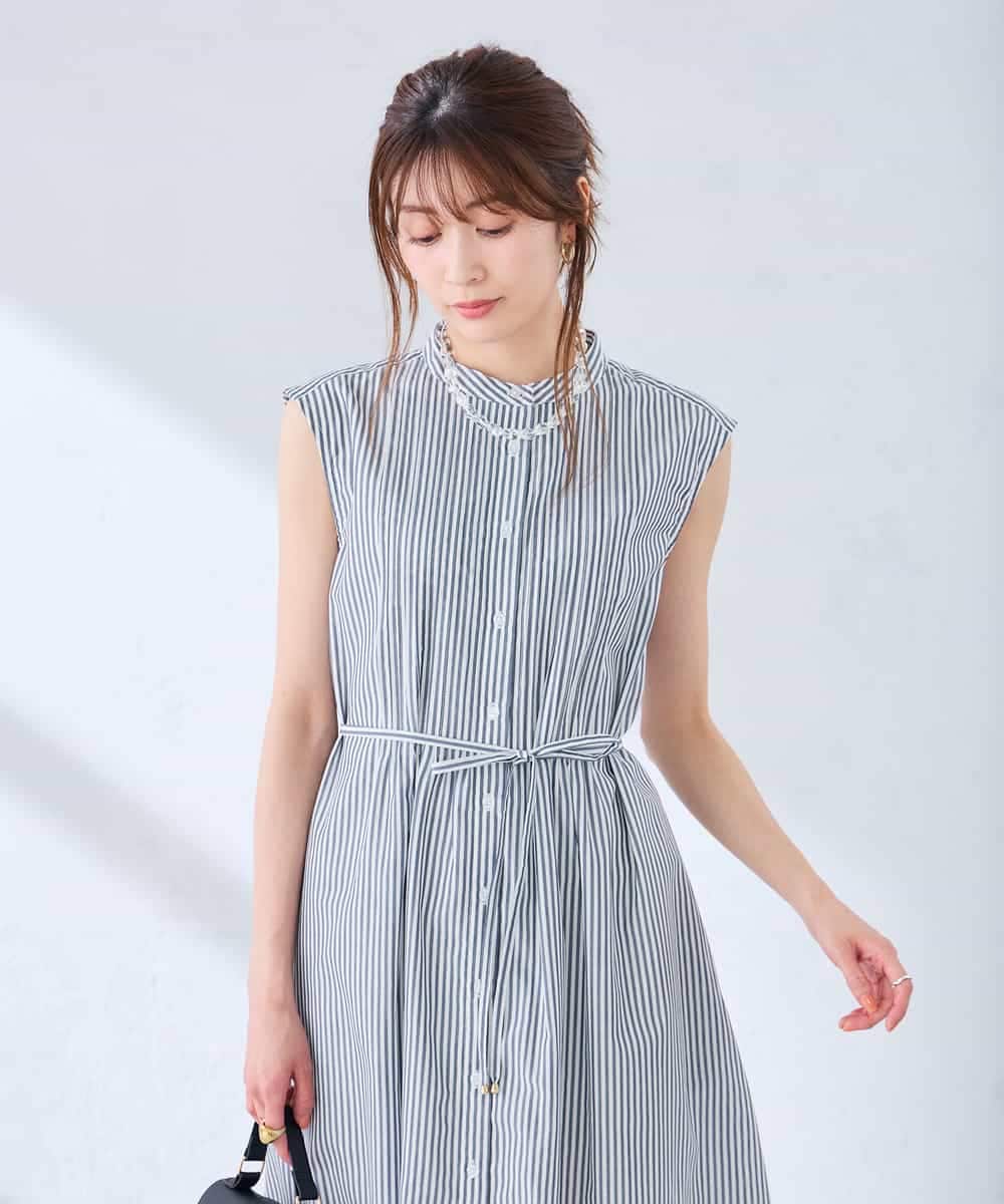 K2EGD13089 a.v.v(アー・ヴェ・ヴェ) フレアシャツワンピース ネイビーストライプ柄