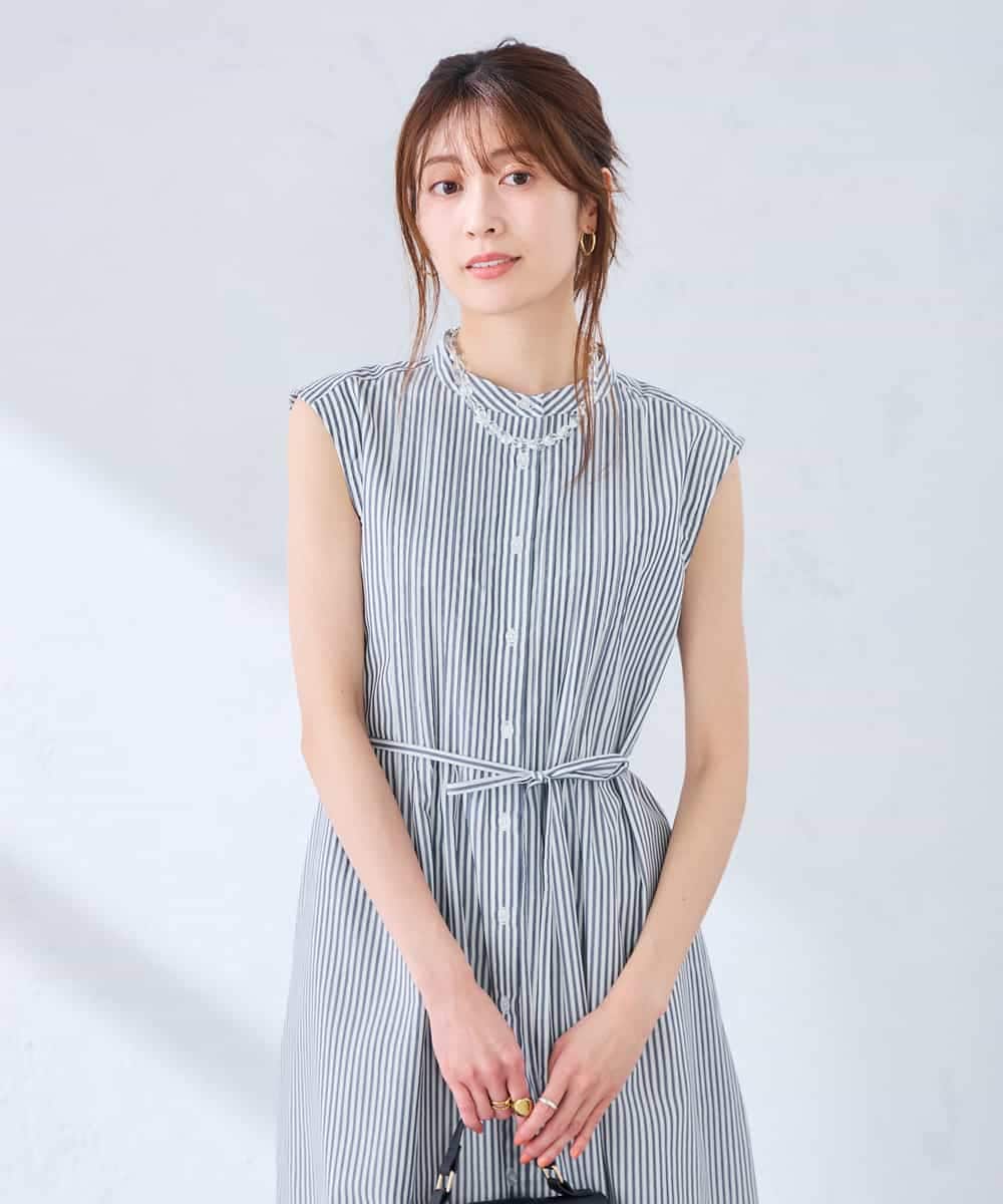 K2EGD13089 a.v.v(アー・ヴェ・ヴェ) フレアシャツワンピース ネイビーストライプ柄