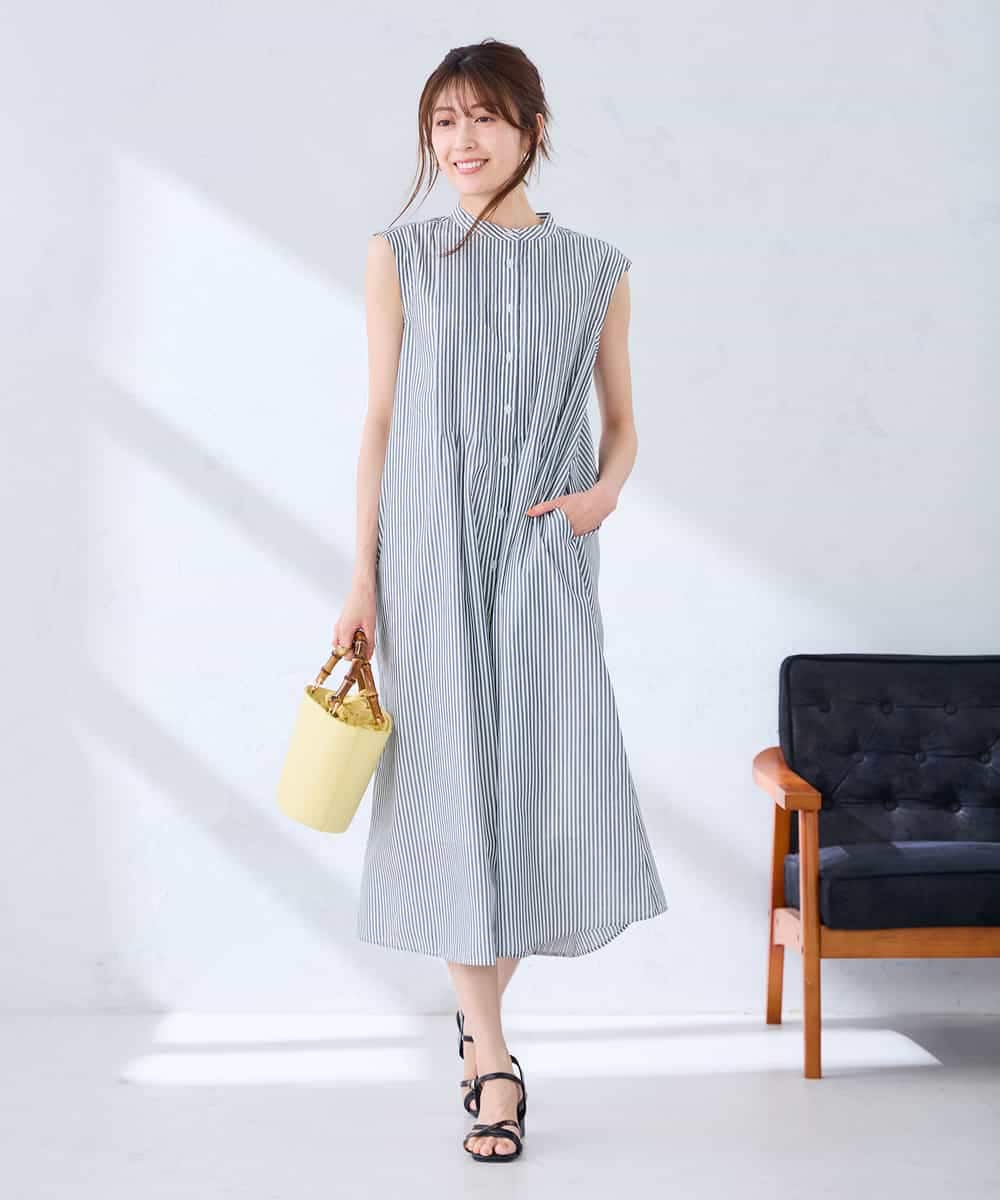 K2EGD13089 a.v.v(アー・ヴェ・ヴェ) フレアシャツワンピース ネイビーストライプ柄
