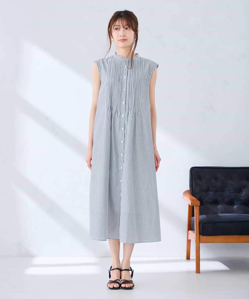 K2EGD13089 a.v.v(アー・ヴェ・ヴェ) フレアシャツワンピース ネイビーストライプ柄