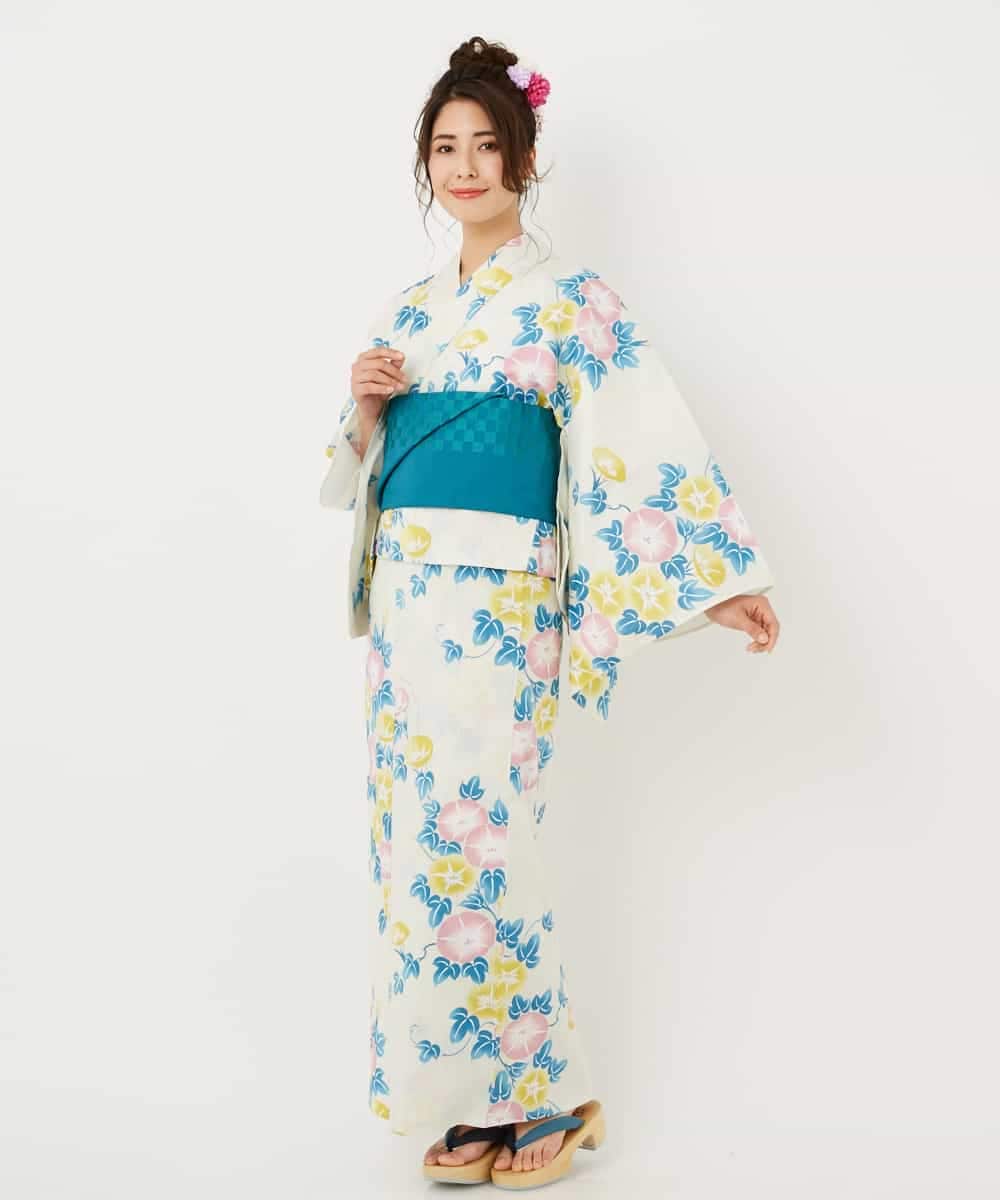 K2EGD50249 a.v.v(アー・ヴェ・ヴェ) 【WEB限定】「ラクゆかた」・朝顔　ベージュ ホワイト