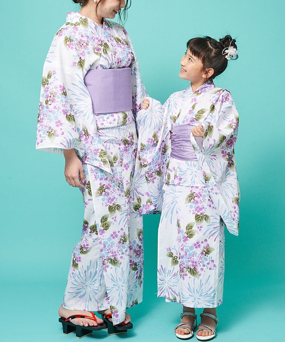 【簡単】ゆかた・帯2点セット 紫陽花と花火柄浴衣