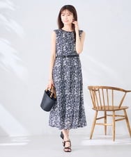 K2EID15089 a.v.v(アー・ヴェ・ヴェ) 【洗える】フラワープリントギャザーノースリーブワンピース ネイビー