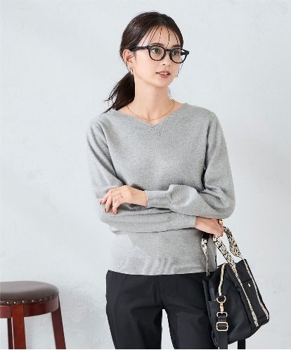 K2FAD59039 a.v.v 【洗える】Vネックパフスリーブスプリングニット