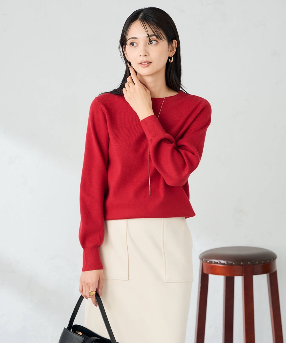 K2FAD69039 a.v.v(アー・ヴェ・ヴェ) 【洗える】ボートネック美ラクるパフスリーブニット レッド