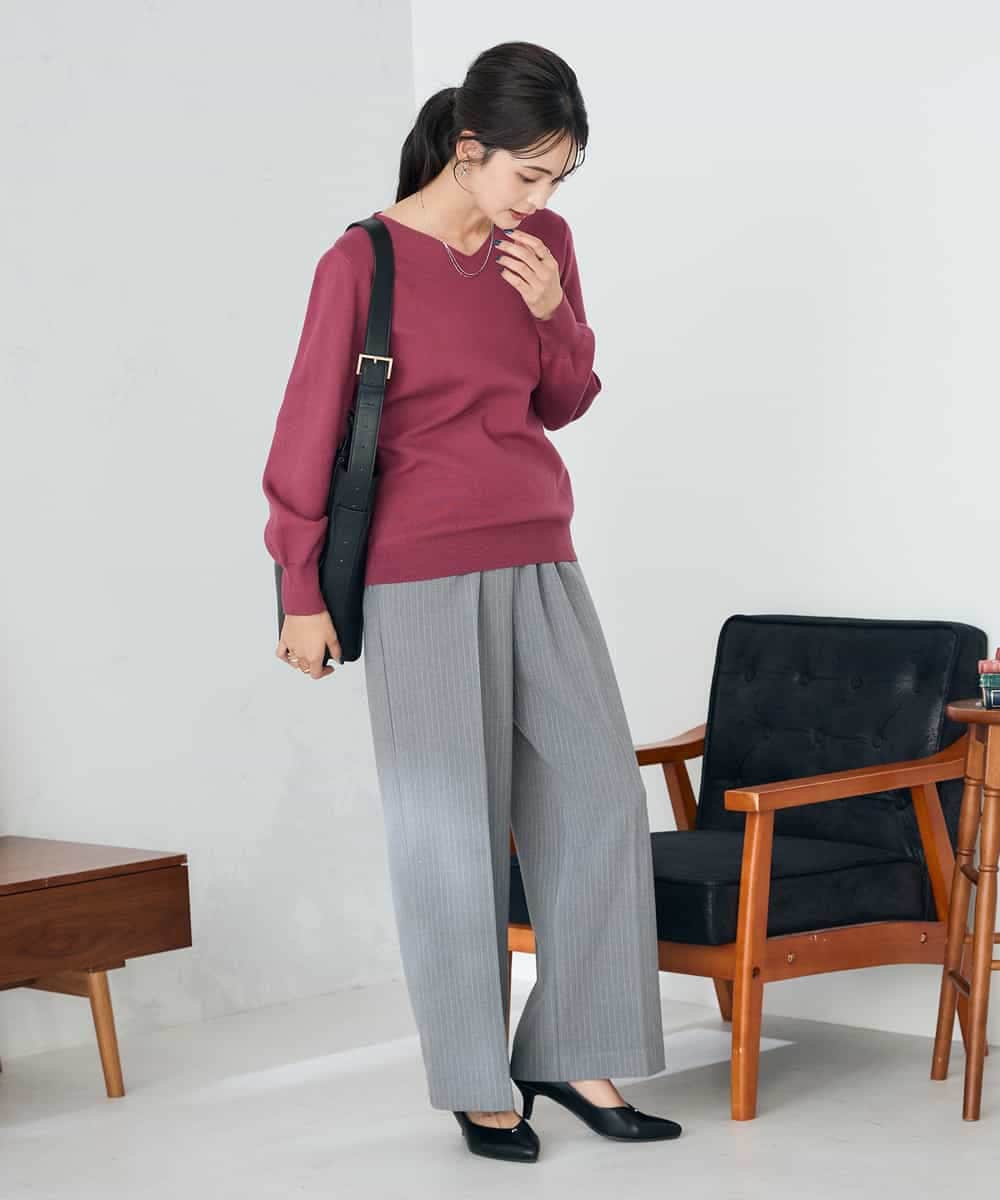 K2FAD79039 a.v.v(アー・ヴェ・ヴェ) 【洗える】Vネック美ラクるパフスリーブニット【WEB限定】 ピンク