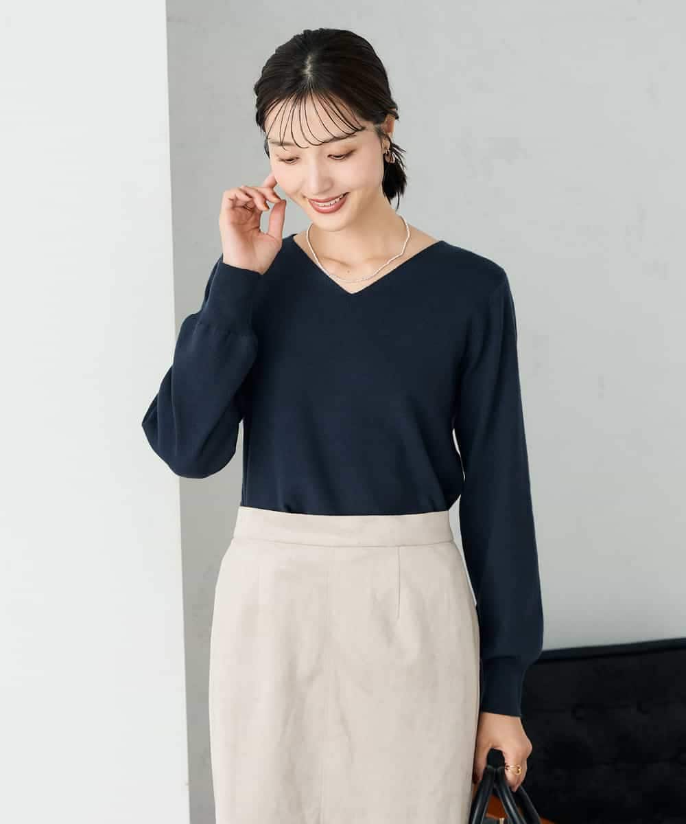 K2FAD79039 a.v.v(アー・ヴェ・ヴェ) 【洗える】Vネック美ラクるパフスリーブニット【WEB限定】 ピンク