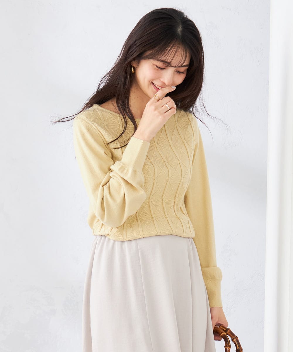K2FBD34049 a.v.v(アー・ヴェ・ヴェ) アーガイルパフスリーブニット ライトイエロー