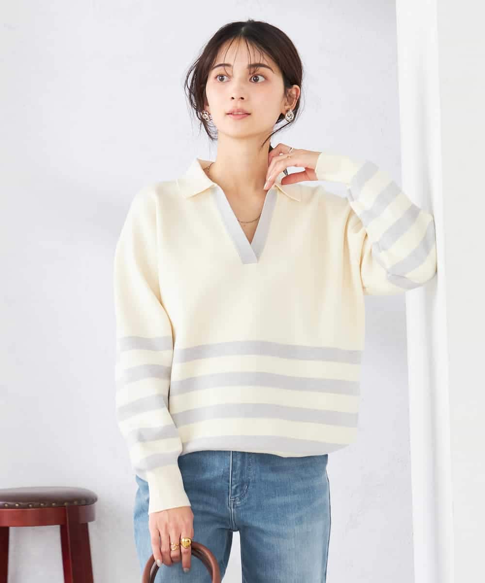 K2FDD07059 a.v.v(アー・ヴェ・ヴェ) ヘンリーネックボーダーニット アイボリー×ライトブルー