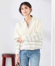 K2FDD07059 a.v.v(アー・ヴェ・ヴェ) ヘンリーネックボーダーニット アイボリー×ライトブルー