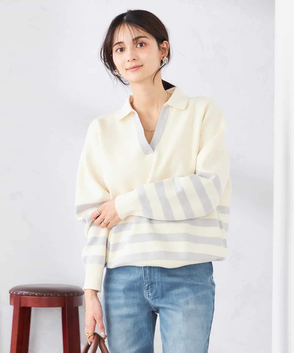 K2FDD07059 a.v.v(アー・ヴェ・ヴェ) ヘンリーネックボーダーニット アイボリー×ライトブルー