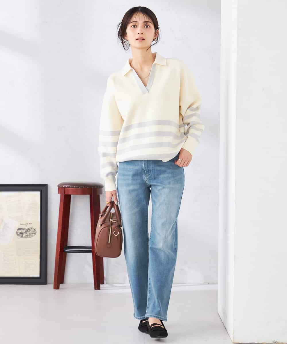 K2FDD07059 a.v.v(アー・ヴェ・ヴェ) ヘンリーネックボーダーニット アイボリー×ライトブルー