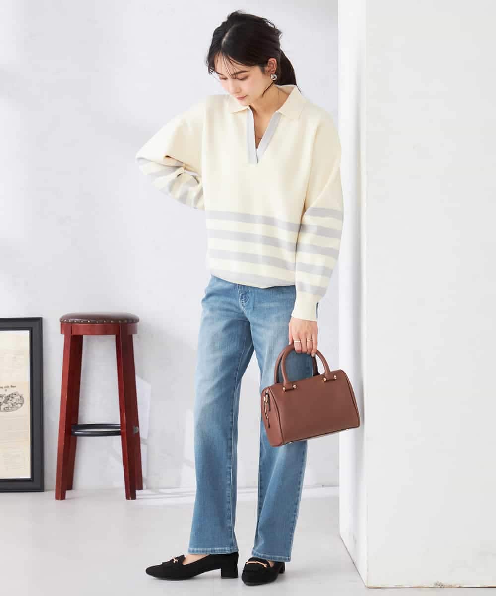 K2FDD07059 a.v.v(アー・ヴェ・ヴェ) ヘンリーネックボーダーニット アイボリー×ライトブルー