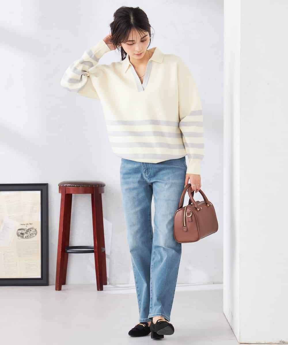 K2FDD07059 a.v.v(アー・ヴェ・ヴェ) ヘンリーネックボーダーニット アイボリー×ライトブルー