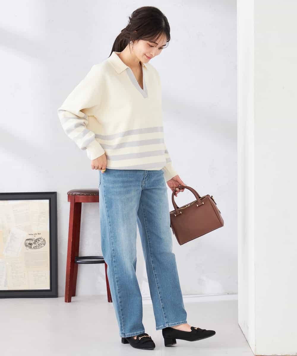 K2FDD07059 a.v.v(アー・ヴェ・ヴェ) ヘンリーネックボーダーニット アイボリー×ライトブルー