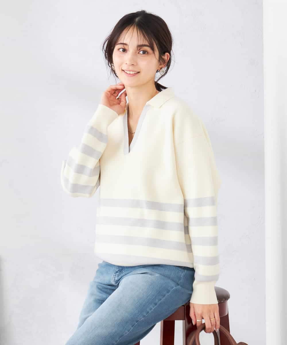 K2FDD07059 a.v.v(アー・ヴェ・ヴェ) ヘンリーネックボーダーニット アイボリー×ライトブルー