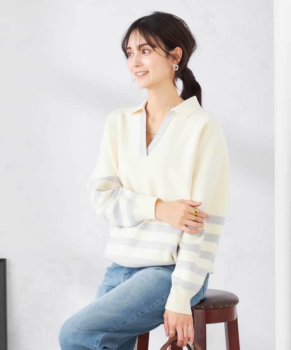 K2FDD07059 a.v.v(アー・ヴェ・ヴェ) ヘンリーネックボーダーニット アイボリー×ライトブルー