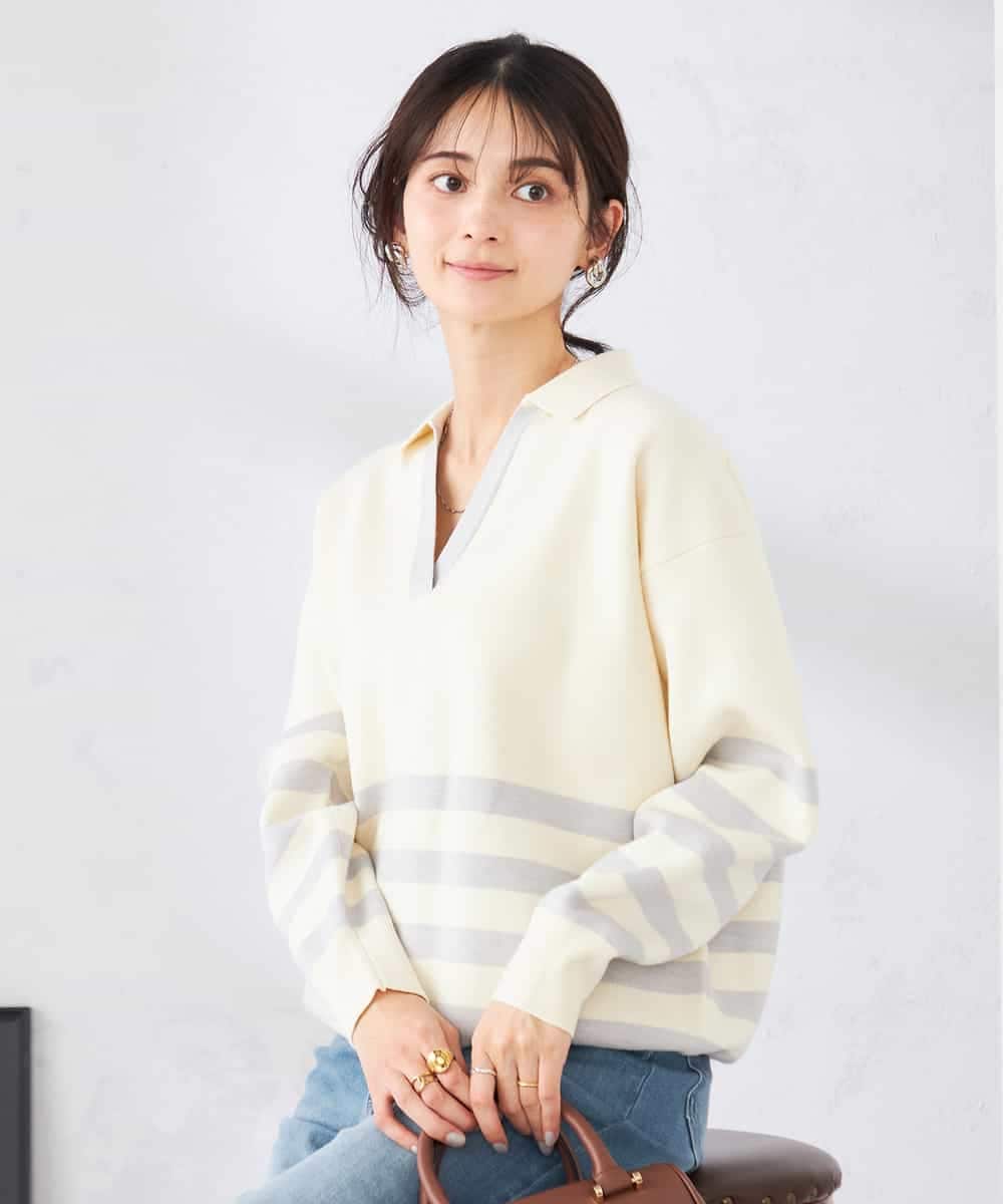 K2FDD07059 a.v.v(アー・ヴェ・ヴェ) ヘンリーネックボーダーニット アイボリー×ライトブルー