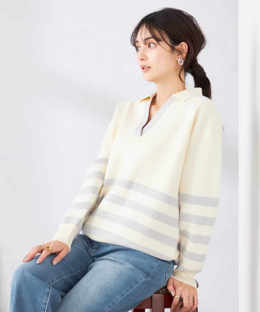 K2FDD07059 a.v.v(アー・ヴェ・ヴェ) ヘンリーネックボーダーニット アイボリー×ライトブルー