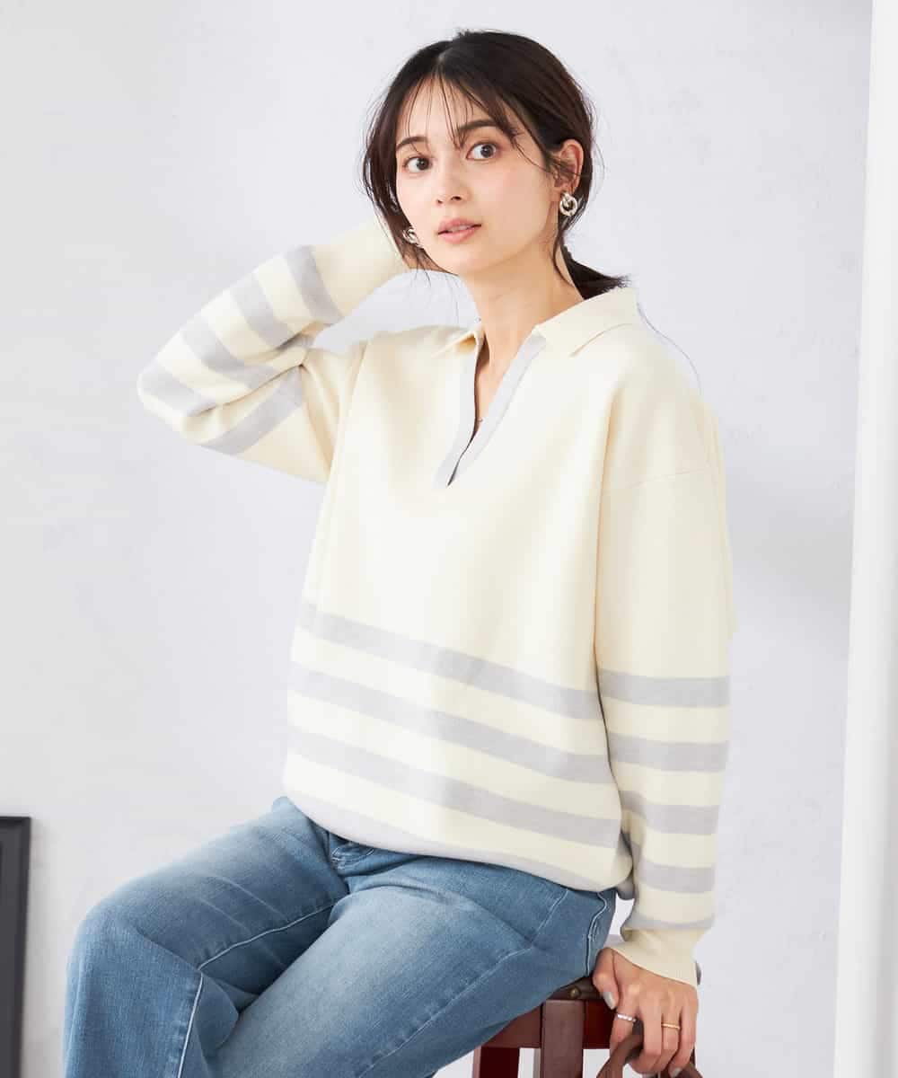 K2FDD07059 a.v.v(アー・ヴェ・ヴェ) ヘンリーネックボーダーニット アイボリー×ライトブルー