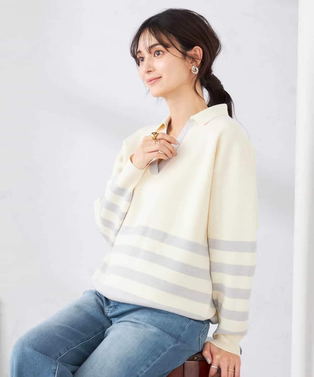 K2FDD07059 a.v.v(アー・ヴェ・ヴェ) ヘンリーネックボーダーニット アイボリー×ライトブルー