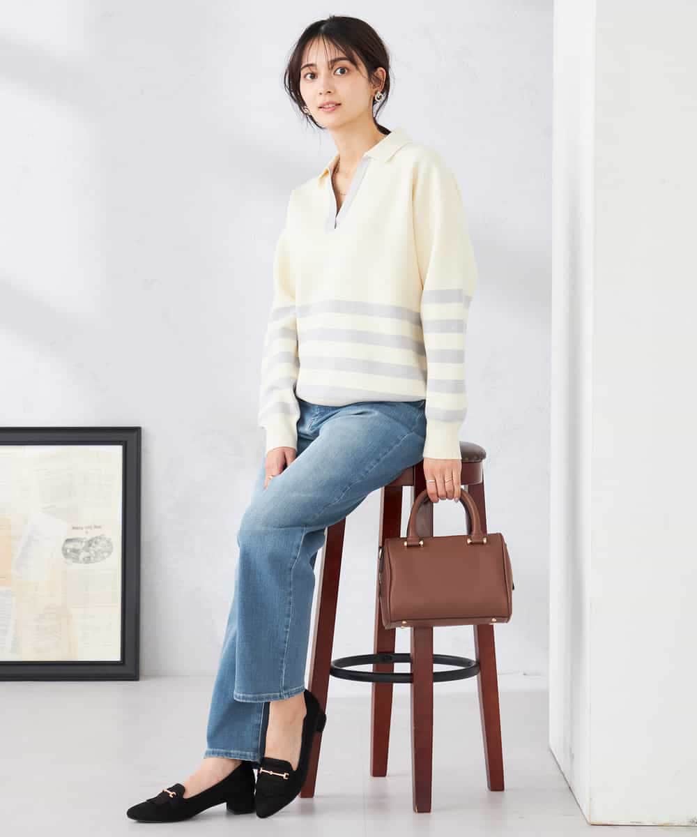 K2FDD07059 a.v.v(アー・ヴェ・ヴェ) ヘンリーネックボーダーニット アイボリー×ライトブルー