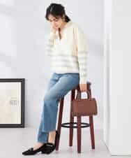 K2FDD07059 a.v.v(アー・ヴェ・ヴェ) ヘンリーネックボーダーニット アイボリー×ライトブルー