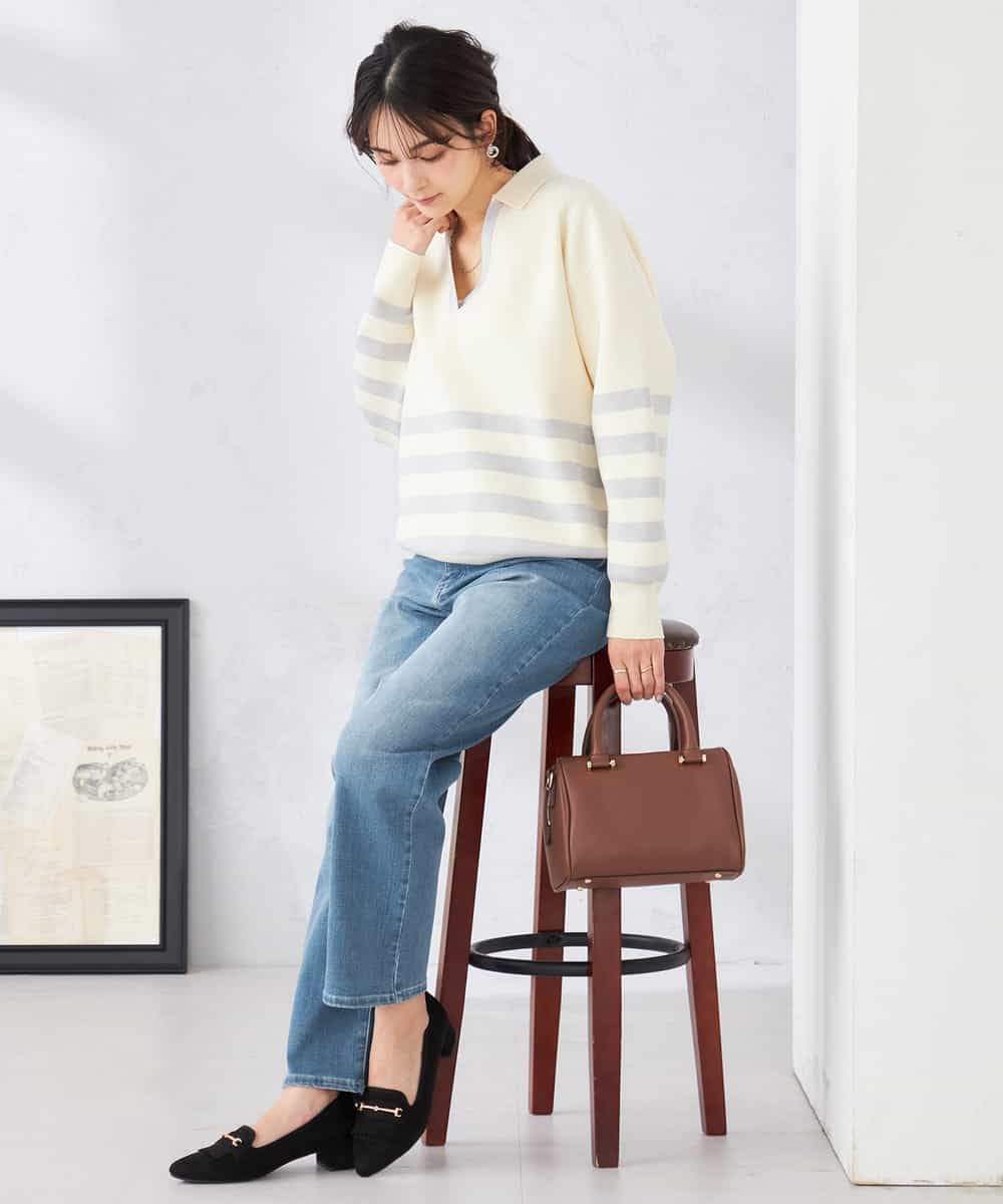 K2FDD07059 a.v.v(アー・ヴェ・ヴェ) ヘンリーネックボーダーニット アイボリー×ライトブルー