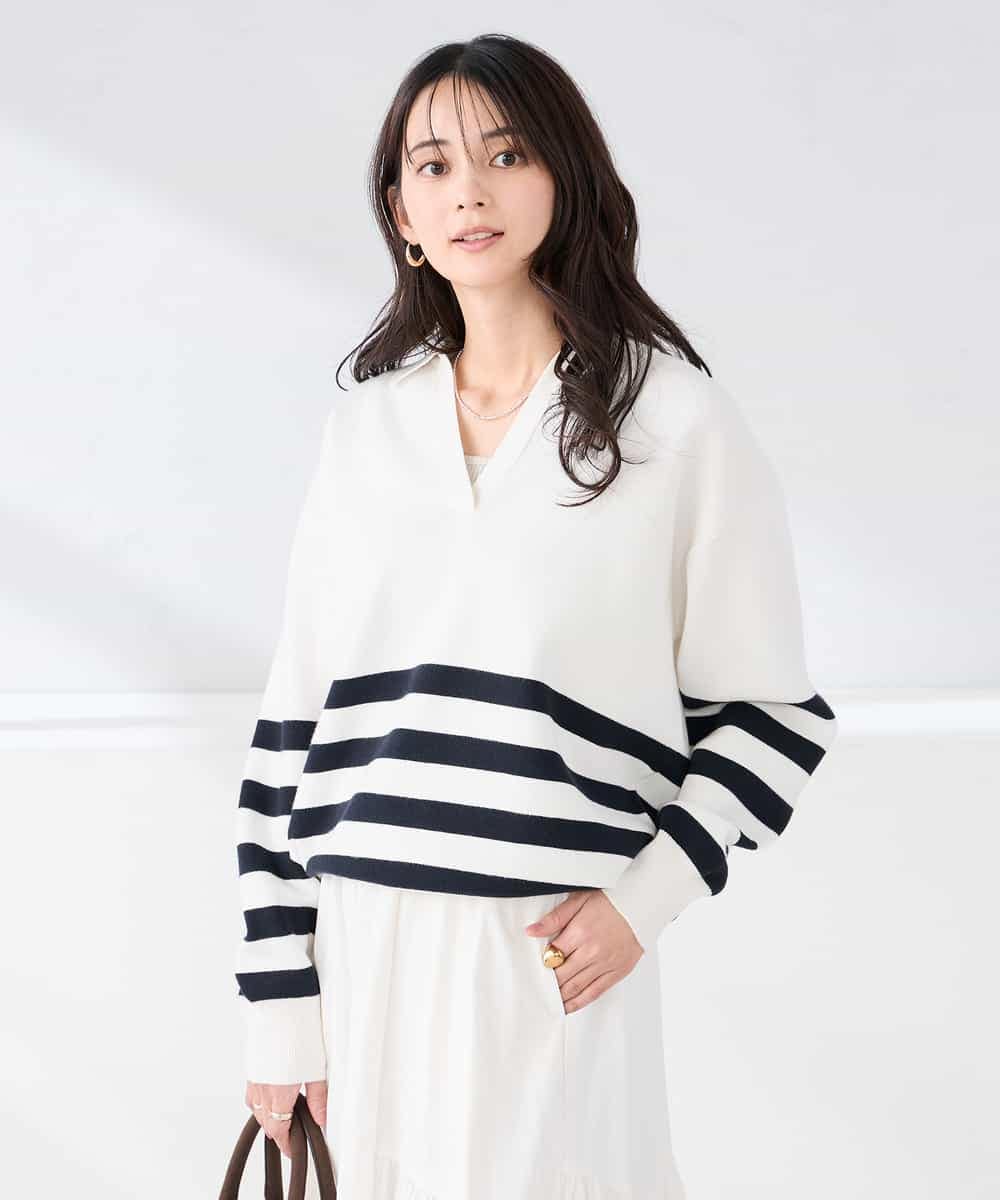 K2FDD07059 a.v.v(アー・ヴェ・ヴェ) ヘンリーネックボーダーニット アイボリー×ライトブルー