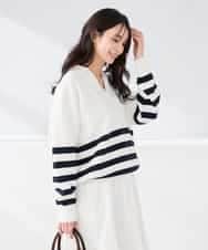 K2FDD07059 a.v.v(アー・ヴェ・ヴェ) ヘンリーネックボーダーニット アイボリー×ライトブルー