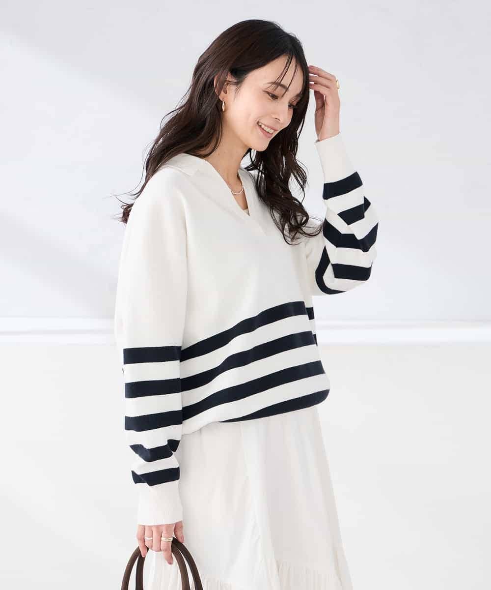 K2FDD07059 a.v.v(アー・ヴェ・ヴェ) ヘンリーネックボーダーニット アイボリー×ライトブルー