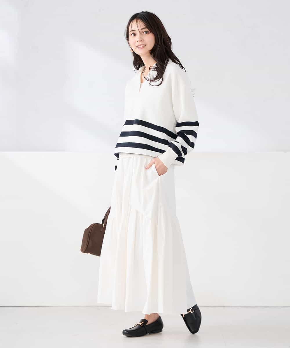 K2FDD07059 a.v.v(アー・ヴェ・ヴェ) ヘンリーネックボーダーニット アイボリー×ライトブルー