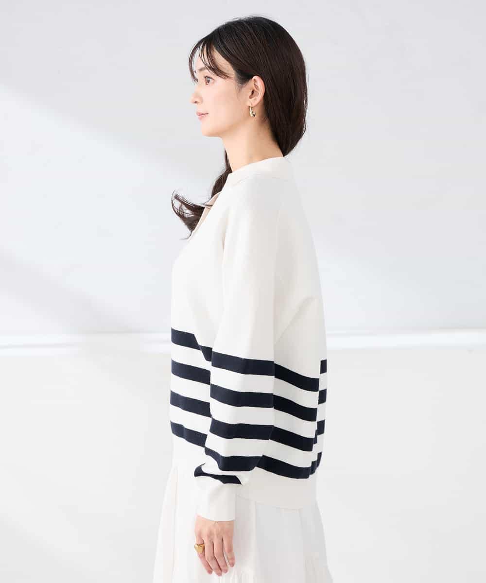 K2FDD07059 a.v.v(アー・ヴェ・ヴェ) ヘンリーネックボーダーニット アイボリー×ライトブルー